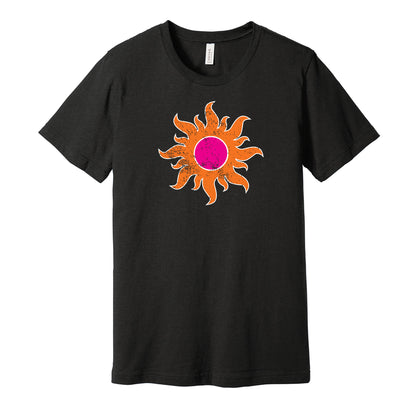 Southern California Sun vintage distressed logo black t-shirt featuring the classic WFL football team logo in a retro worn style by Hyper Than Hype Shirts.