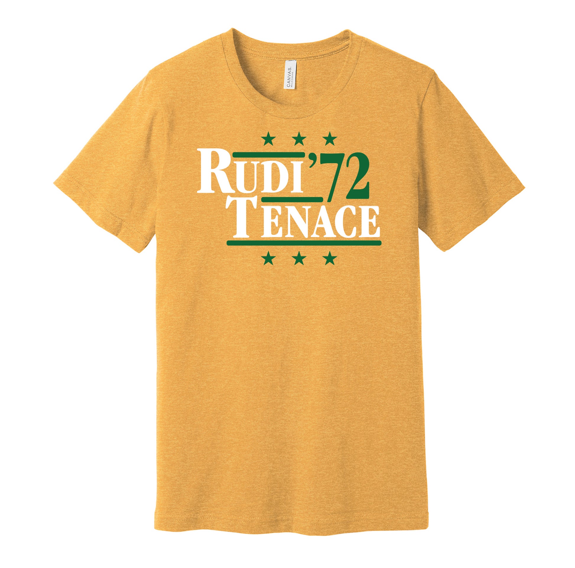 Oakland Athletics retro political campaign parody gold t-shirt featuring Joe Rudi and Gene Tenace '72, designed in a vintage election style by Hyper Than Hype Shirts.