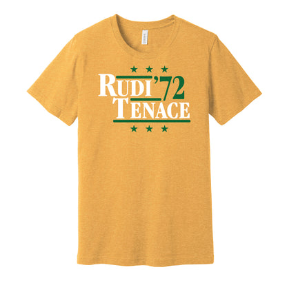 Oakland Athletics retro political campaign parody gold t-shirt featuring Joe Rudi and Gene Tenace '72, designed in a vintage election style by Hyper Than Hype Shirts.