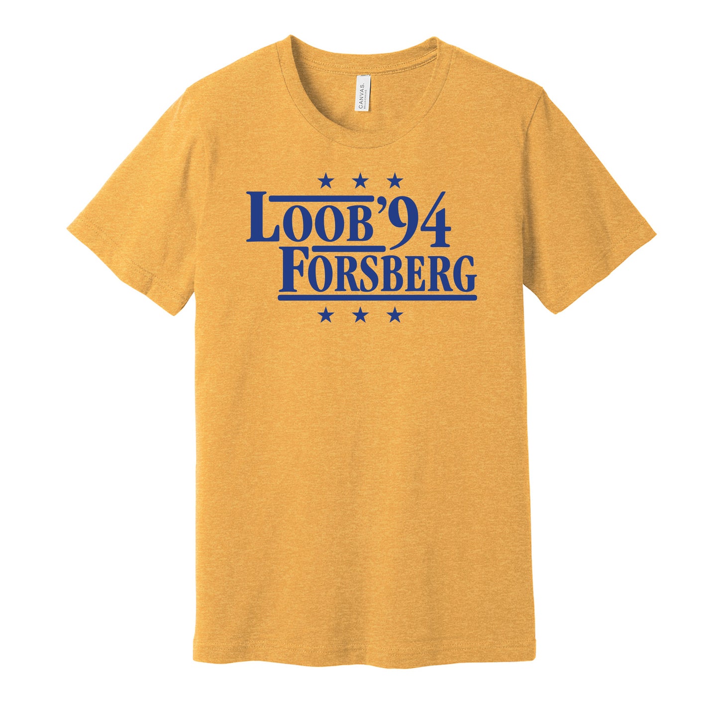 Team Sweden retro political campaign parody gold t-shirt featuring Håkan Loob and Peter Forsberg '94, designed in a vintage election style by Hyper Than Hype Shirts.
