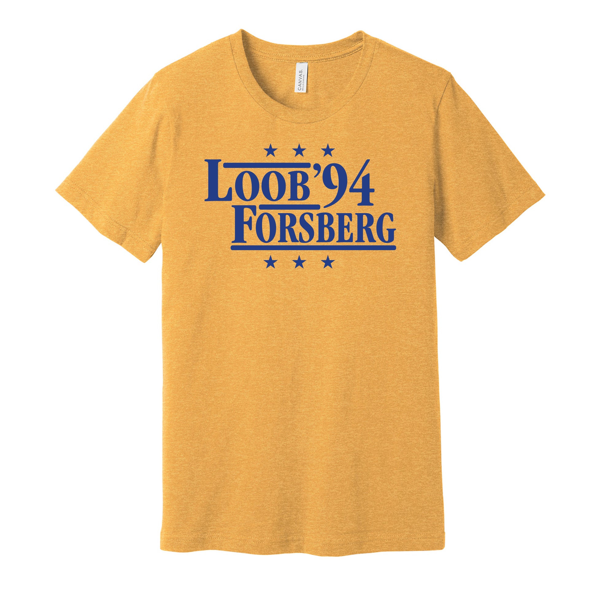 Team Sweden retro political campaign parody gold t-shirt featuring Håkan Loob and Peter Forsberg '94, designed in a vintage election style by Hyper Than Hype Shirts.
