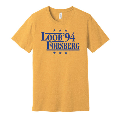Team Sweden retro political campaign parody gold t-shirt featuring Håkan Loob and Peter Forsberg '94, designed in a vintage election style by Hyper Than Hype Shirts.