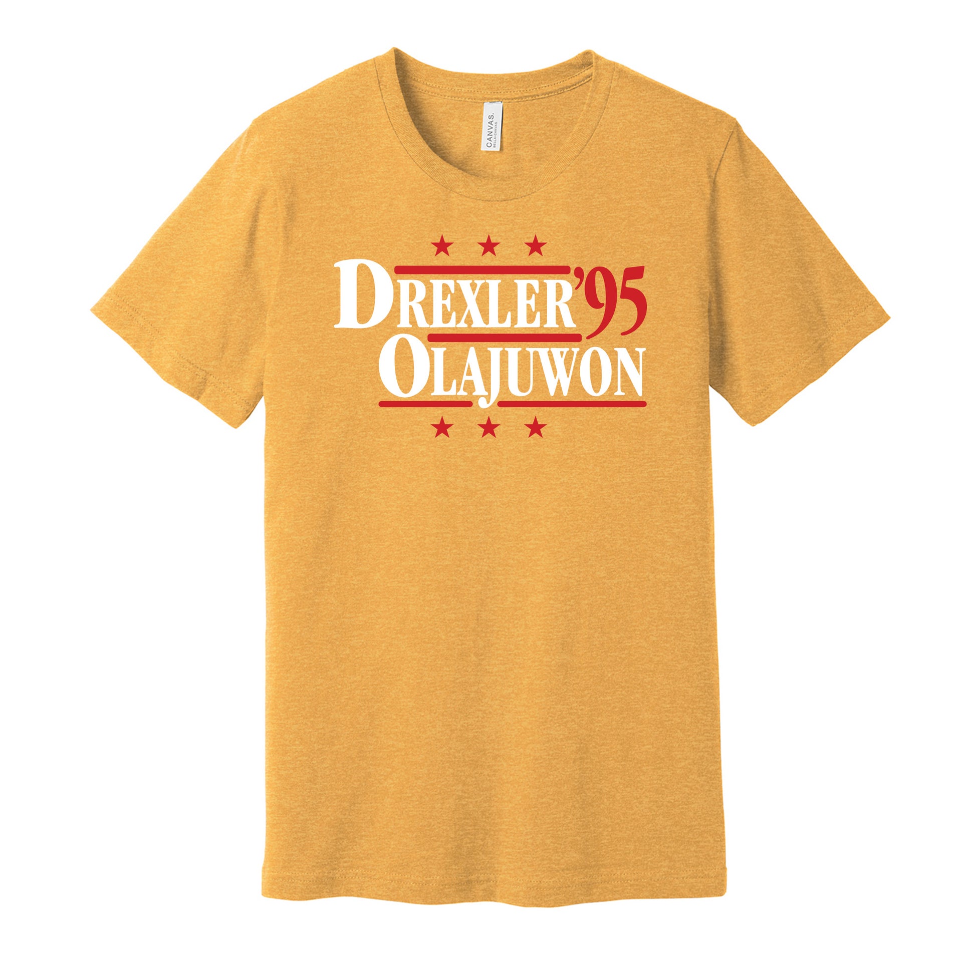 Houston Rockets retro political campaign parody gold t-shirt featuring Clyde Drexler and Hakeem Olajuwon '95, designed in a vintage election style by Hyper Than Hype Shirts.