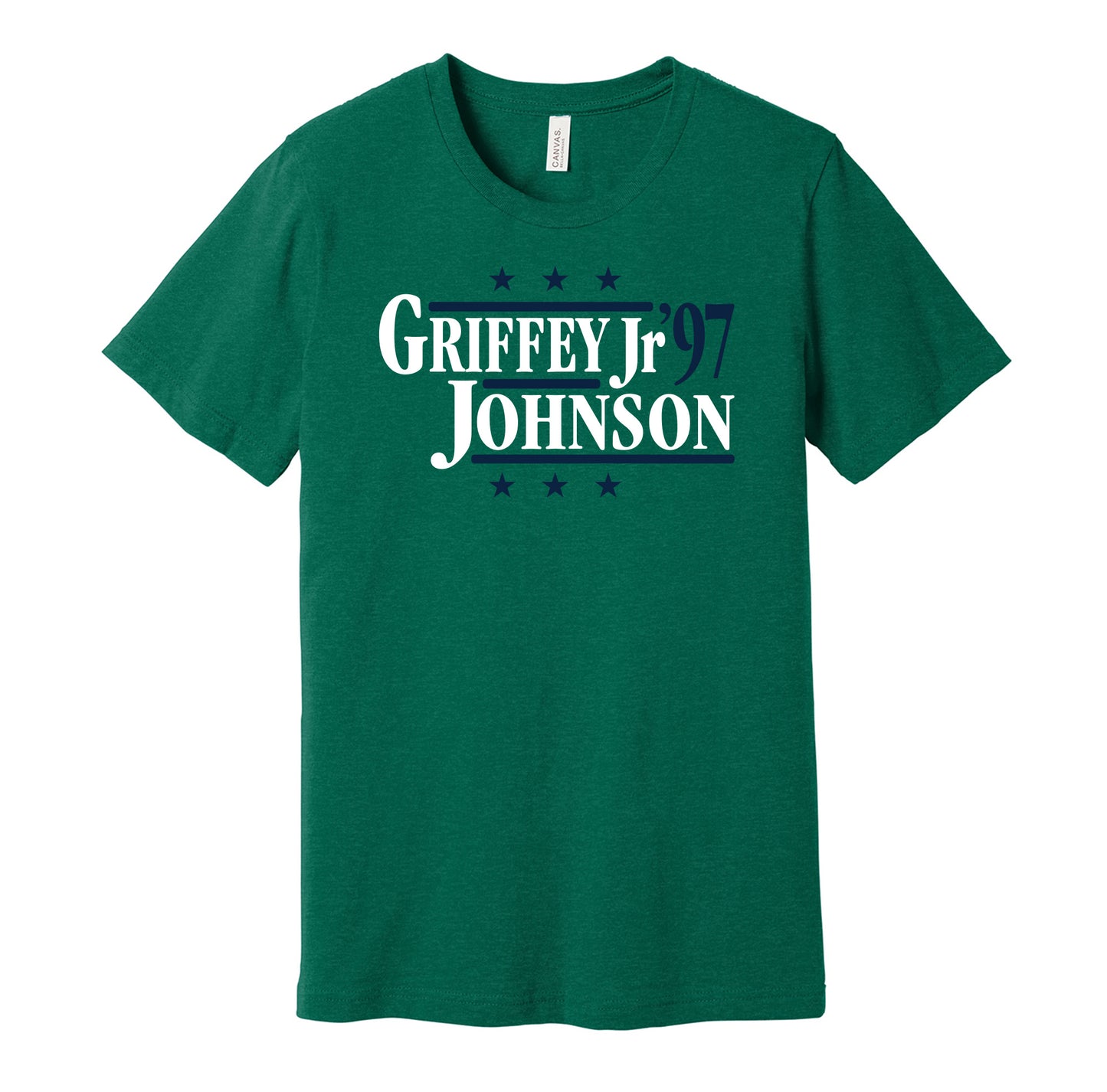Seattle Mariners retro political campaign parody green t-shirt featuring Ken Griffey Jr. and Randy Johnson '97, designed in a vintage election style by Hyper Than Hype Shirts.
