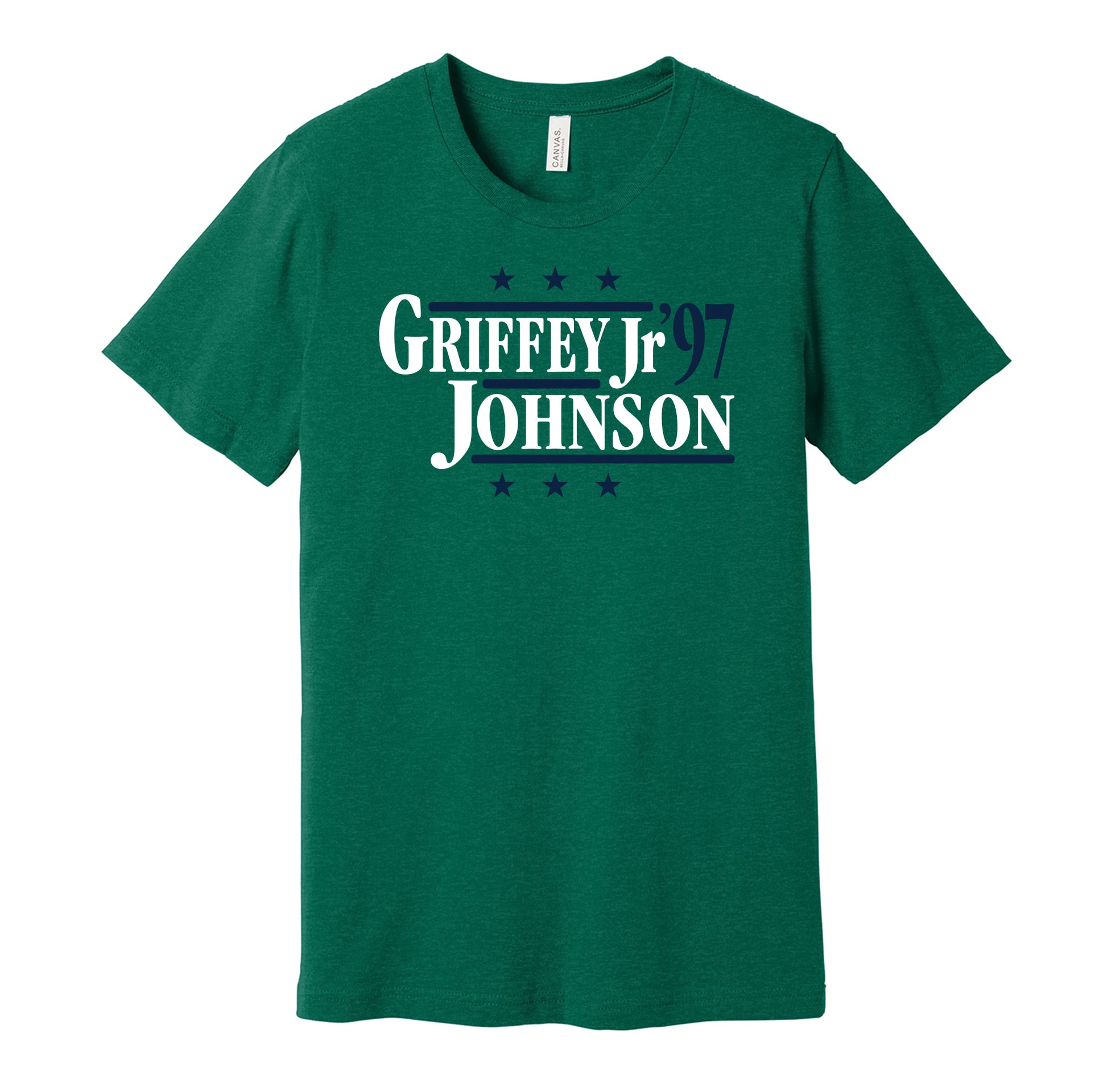 Seattle Mariners retro political campaign parody green t-shirt featuring Ken Griffey Jr. and Randy Johnson '97, designed in a vintage election style by Hyper Than Hype Shirts.