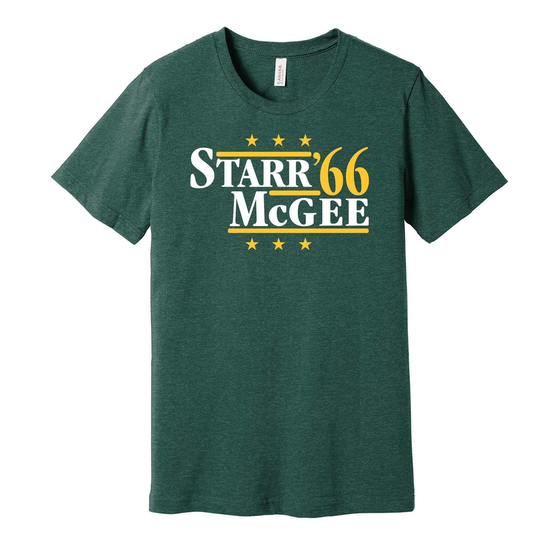 Green Bay Packers retro political campaign parody green t-shirt featuring Bart Starr and Max McGee '66, designed in a vintage election style by Hyper Than Hype Shirts.