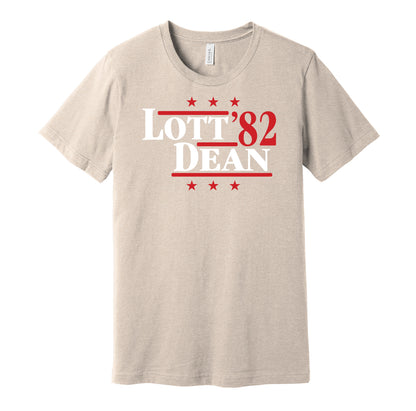 San Francisco 49ers retro political campaign parody gold t-shirt featuring Ronnie Lott and Fred Dean '82, designed in a vintage election style by Hyper Than Hype Shirts.