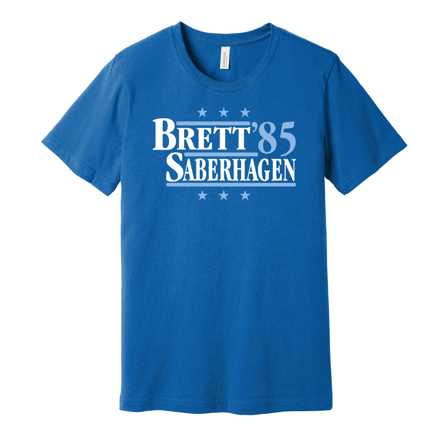 Kansas City Royals retro political campaign royal blue t-shirt featuring George Brett and Bret Saberhagen '85, designed in a vintage election style by Hyper Than Hype Shirts.