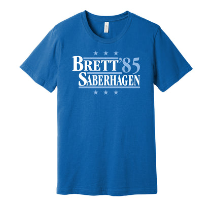Kansas City Royals retro political campaign royal blue t-shirt featuring George Brett and Bret Saberhagen '85, designed in a vintage election style by Hyper Than Hype Shirts.