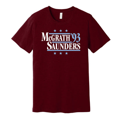 Aston Villa retro political campaign parody claret t-shirt featuring Paul McGrath and Dean Saunders '93, designed in a vintage election style by Hyper Than Hype Shirts.
