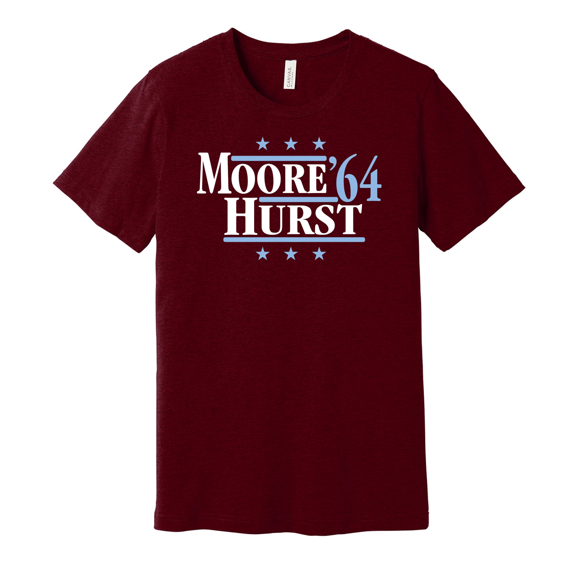 West Ham United retro political campaign parody claret t-shirt featuring Bobby Moore and Geoff Hurst '64, designed in a vintage election style by Hyper Than Hype Shirts.