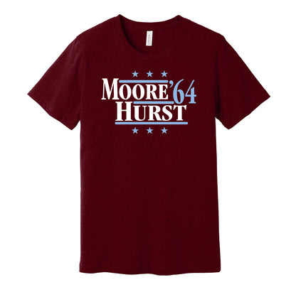 West Ham United retro political campaign parody claret t-shirt featuring Bobby Moore and Geoff Hurst '64, designed in a vintage election style by Hyper Than Hype Shirts.
