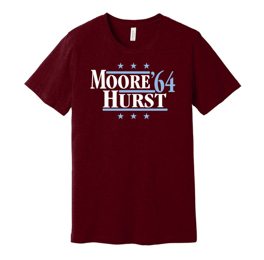 West Ham United retro political campaign parody claret t-shirt featuring Bobby Moore and Geoff Hurst '64, designed in a vintage election style by Hyper Than Hype Shirts.