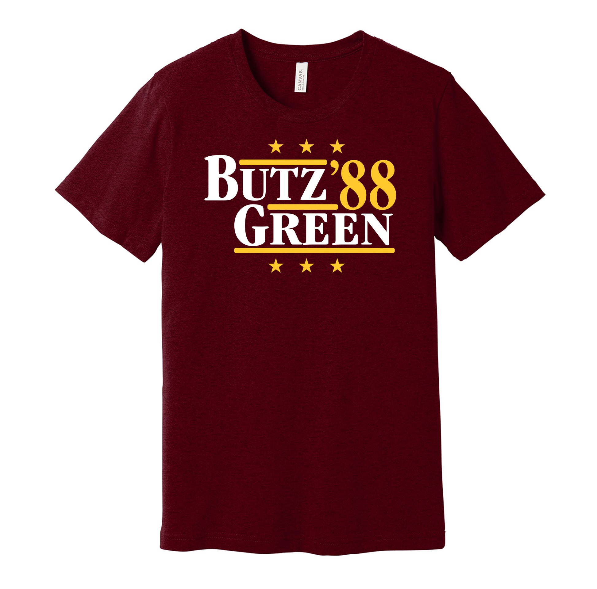 Washington Commanders retro political campaign parody burgundy t-shirt featuring Dave Butz and Darrell Green '88, designed in a vintage election style by Hyper Than Hype Shirts.