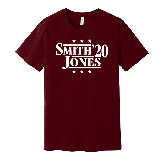 Alabama Crimson Tide retro political campaign parody red t-shirt featuring DeVonta Smith and Mac Jones '20, designed in a vintage election style by Hyper Than Hype Shirts.