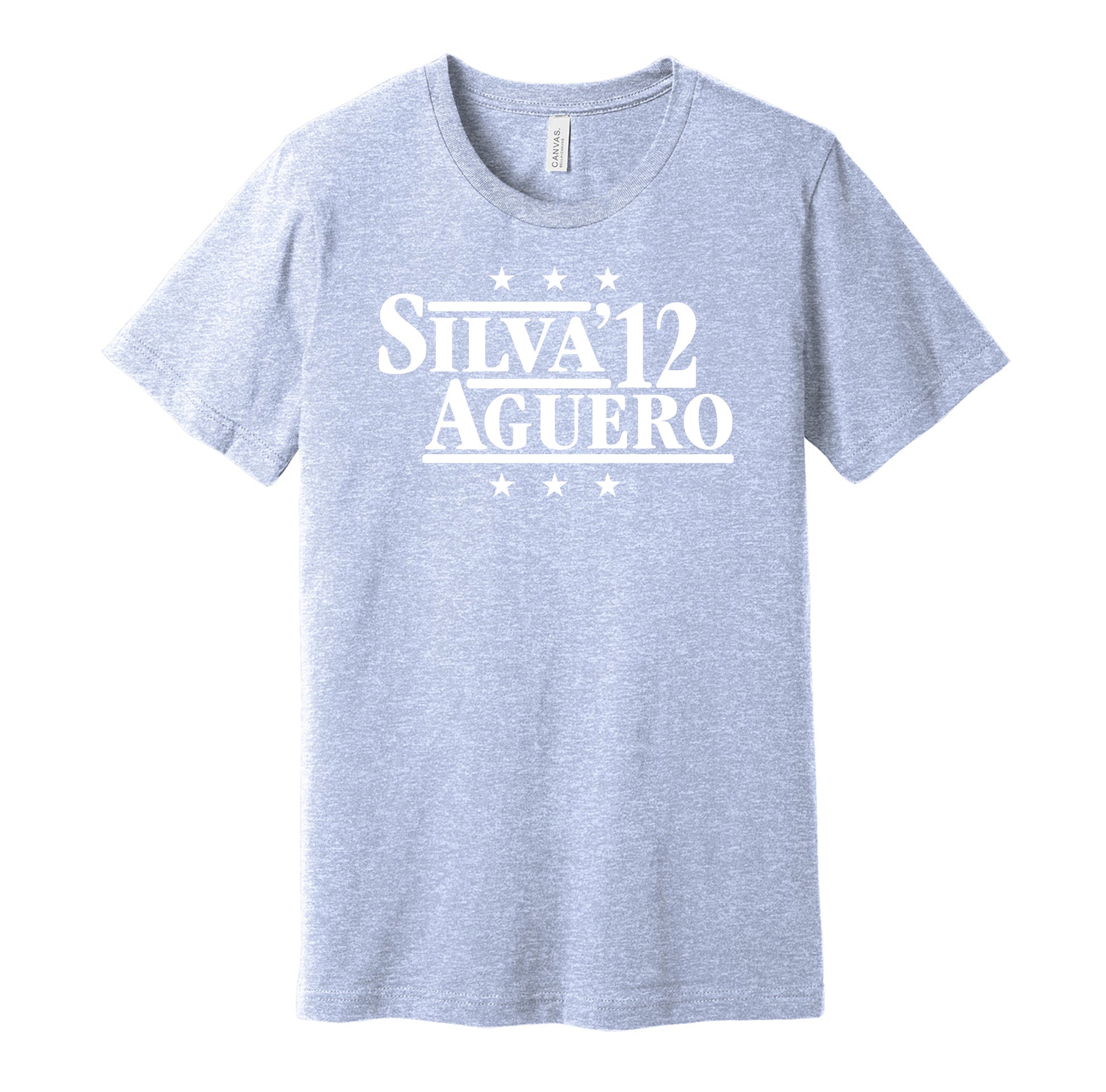 Manchester City retro political campaign parody sky blue t-shirt featuring David Silva and Sergio Aguero '12, designed in a vintage election style by Hyper Than Hype Shirts.