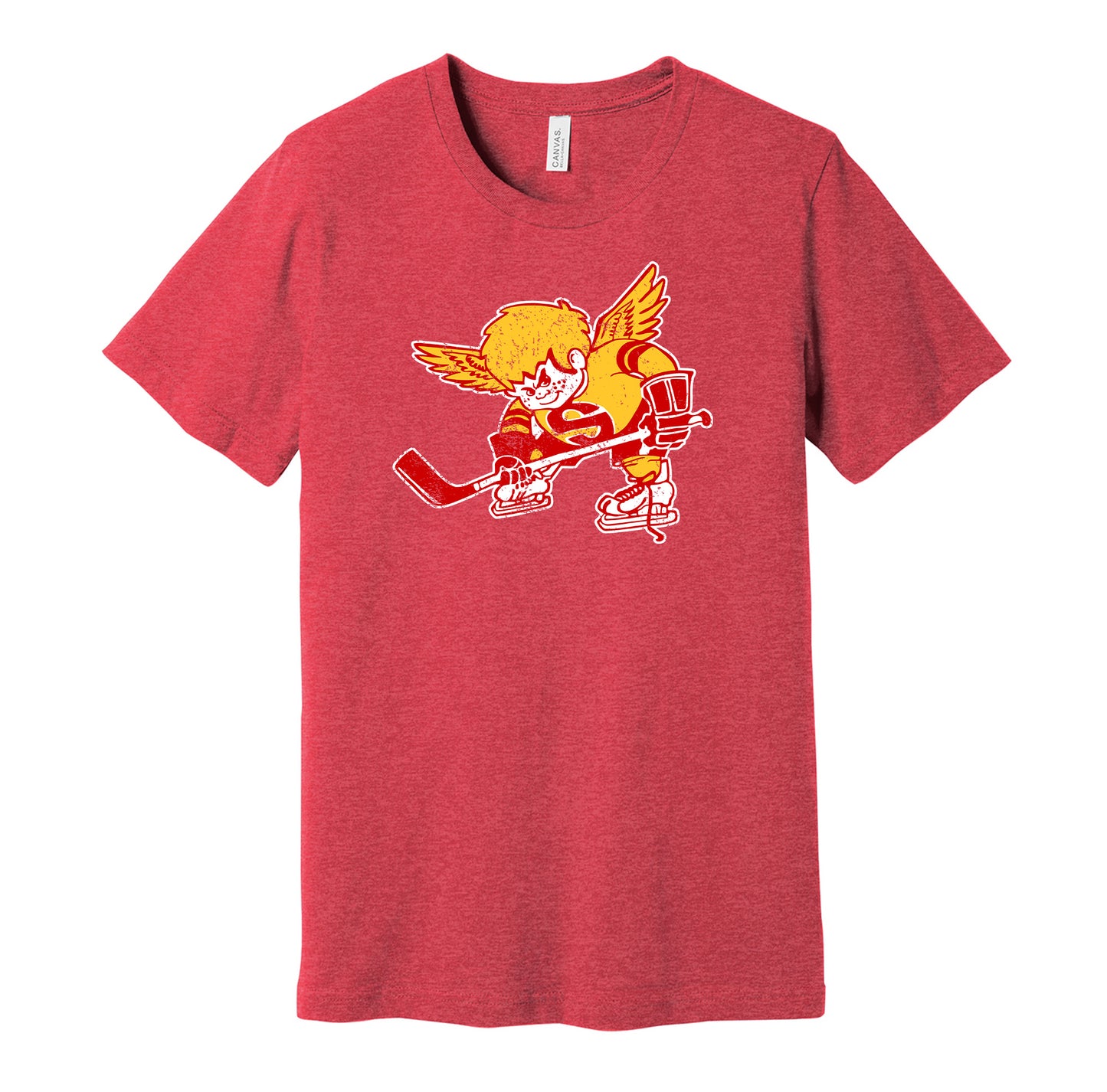 Minnesota Fighting Saints vintage distressed logo red t-shirt featuring the classic 1970s WHA hockey team cartoon logo in a retro worn style by Hyper Than Hype Shirts.