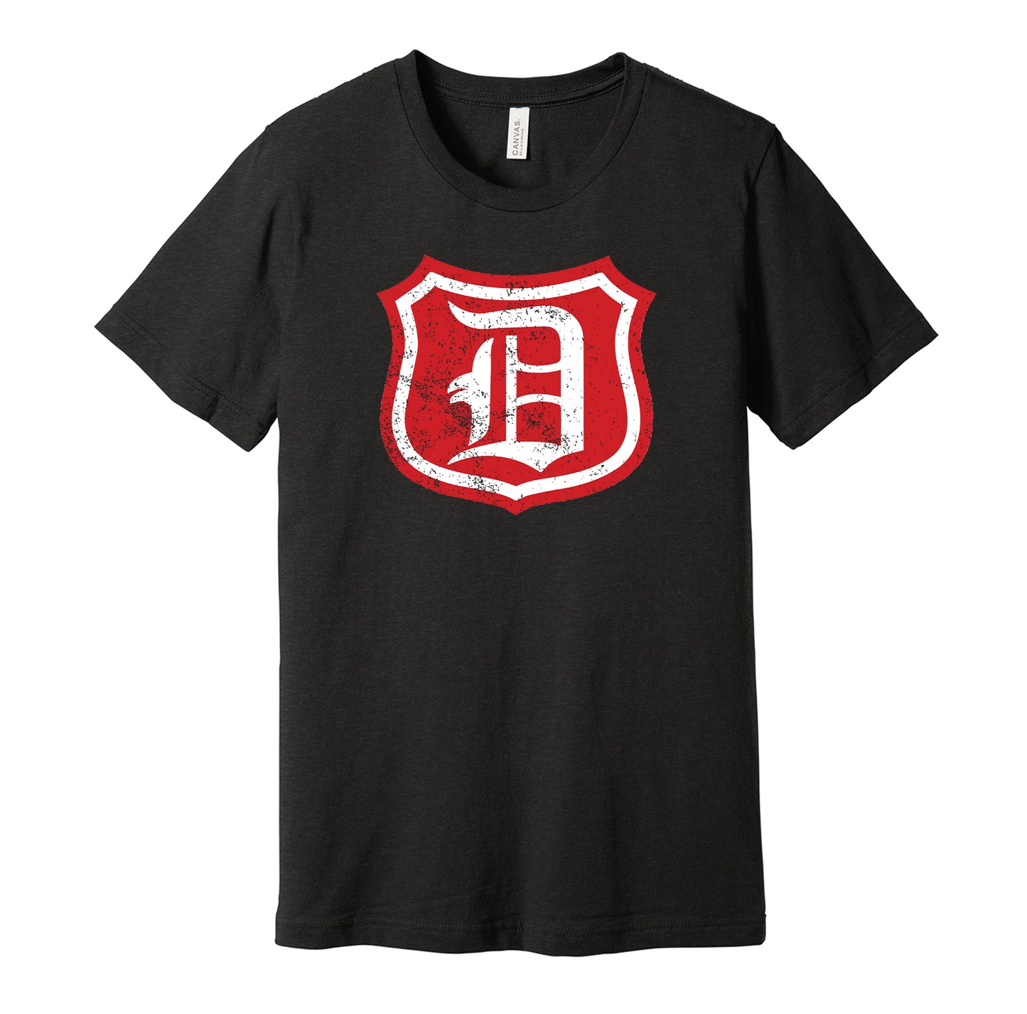 Detroit Cougars vintage distressed shield logo black t-shirt featuring the classic 1920s NHL hockey team logo in a retro worn style by Hyper Than Hype Shirts.