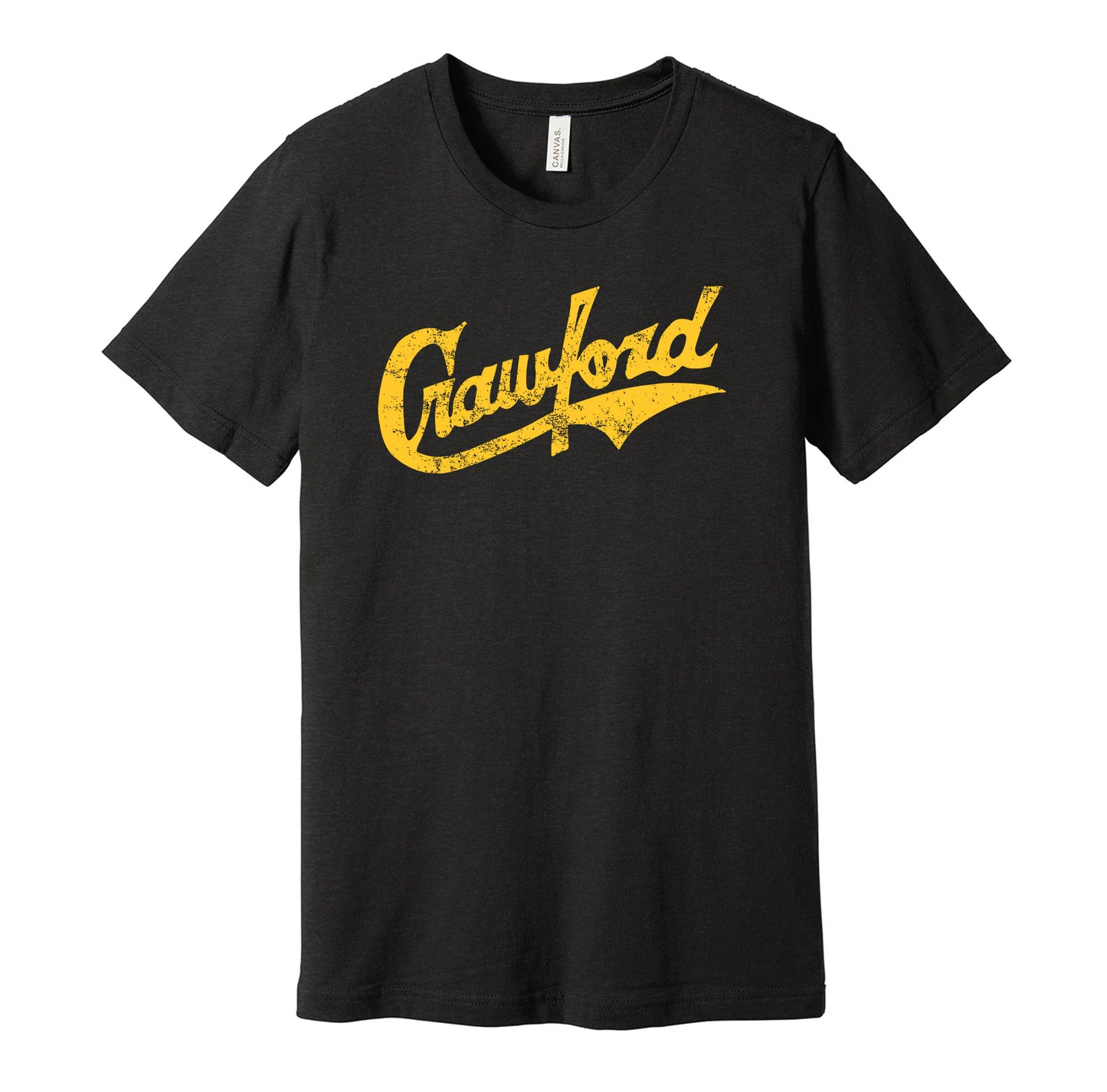 Pittsburgh Crawfords vintage distressed logo black and gold t-shirt featuring the classic Negro League baseball team logo in a retro worn style by Hyper Than Hype Shirts.