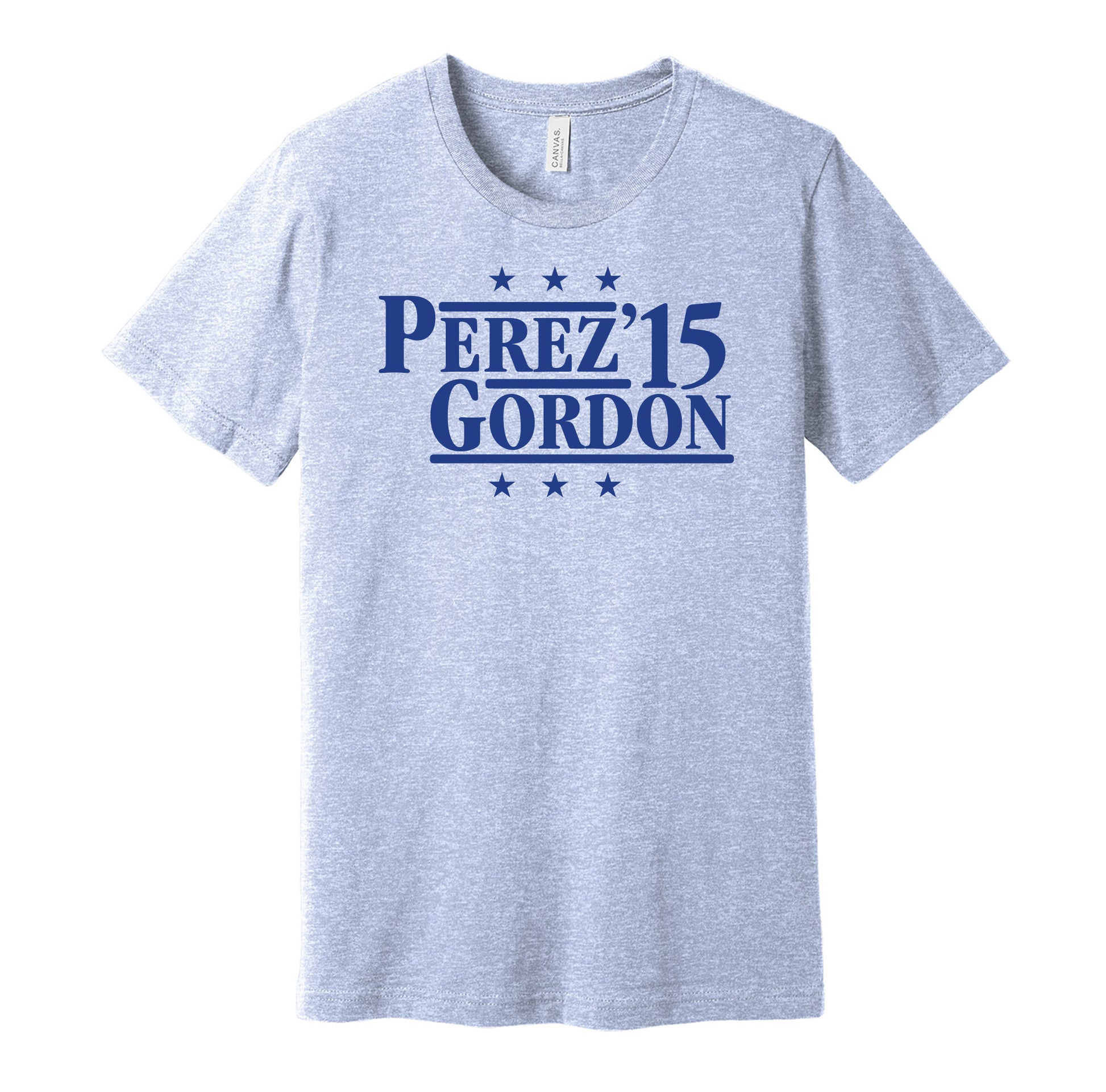 Kansas City Royals retro political campaign parody light blue t-shirt featuring Salvador Perez and Alex Gordon '15, designed in a vintage election style by Hyper Than Hype Shirts.