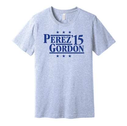 Kansas City Royals retro political campaign parody light blue t-shirt featuring Salvador Perez and Alex Gordon '15, designed in a vintage election style by Hyper Than Hype Shirts.