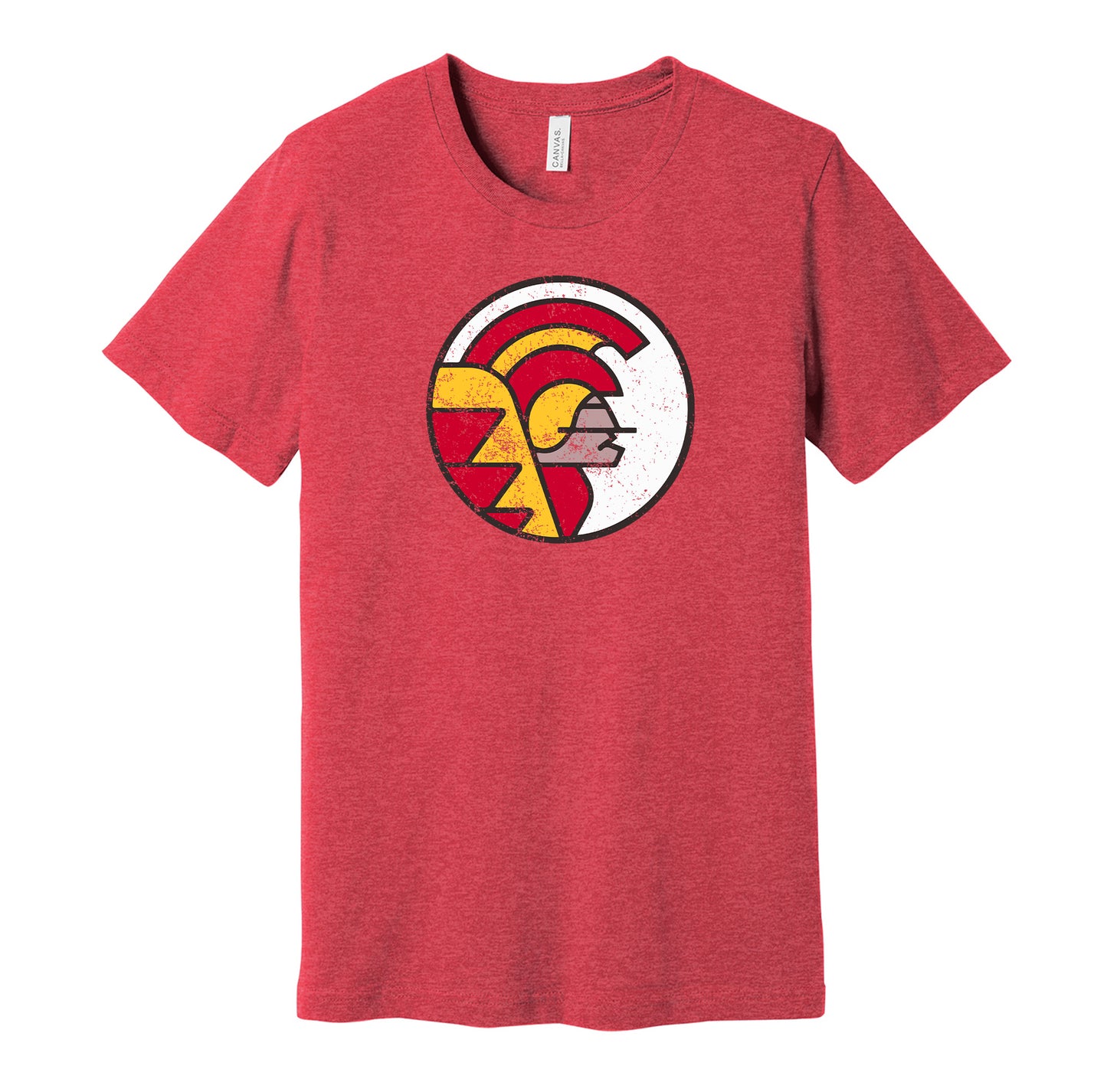 The Hawaiians vintage distressed logo red t-shirt featuring the classic 1970s WFL football team logo in a retro worn style by Hyper Than Hype Shirts.