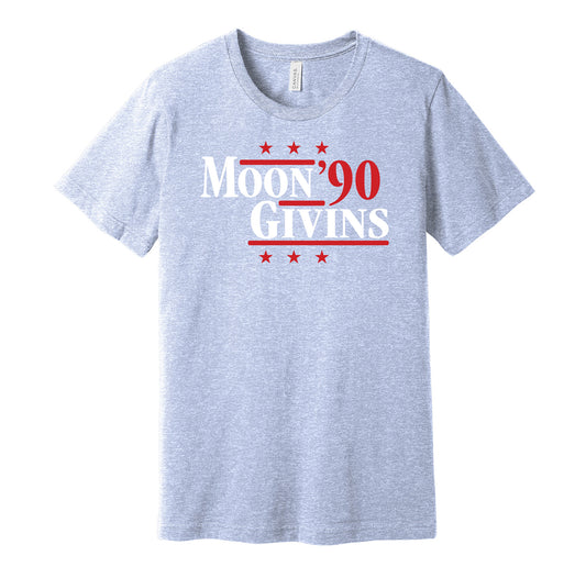 Houston Oilers retro political campaign parody light blue t-shirt featuring Warren Moon and Ernest Givins '90, designed in a vintage election style by Hyper Than Hype Shirts.