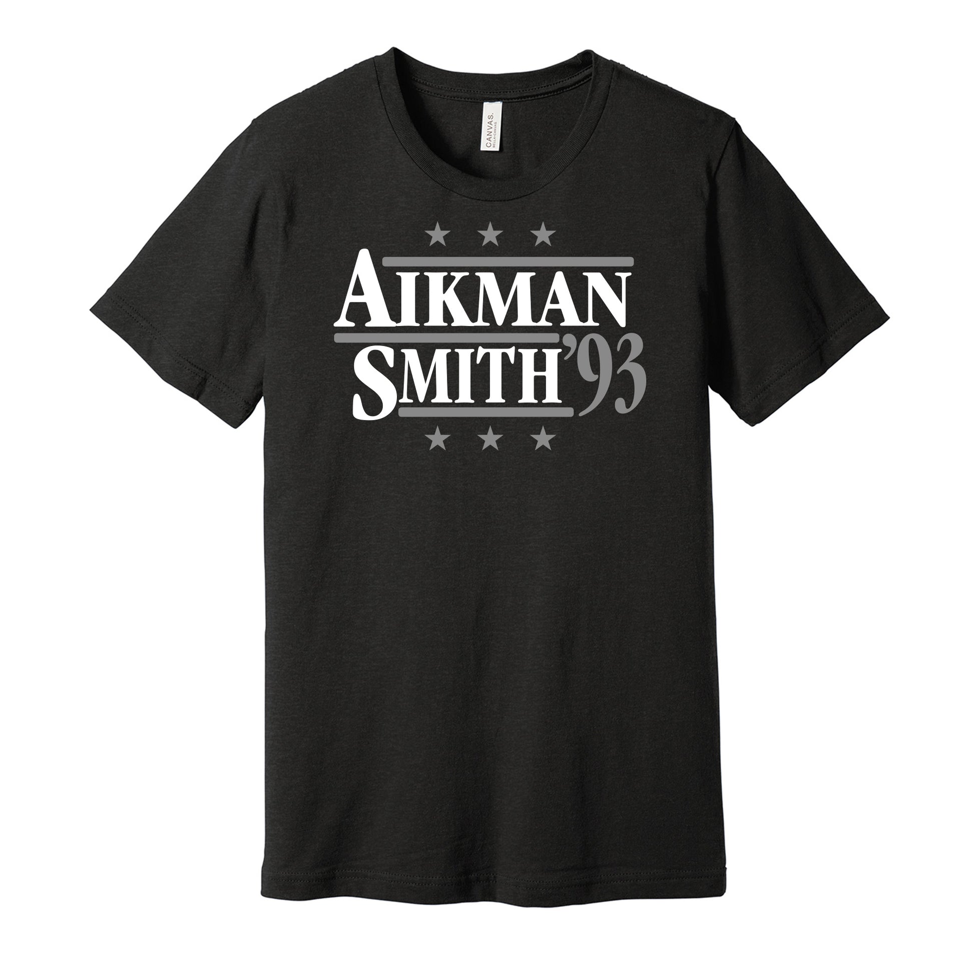 Dallas Cowboys retro political campaign parody black t-shirt featuring Troy Aikman and Emmitt Smith '93, designed in a vintage election style by Hyper Than Hype Shirts.