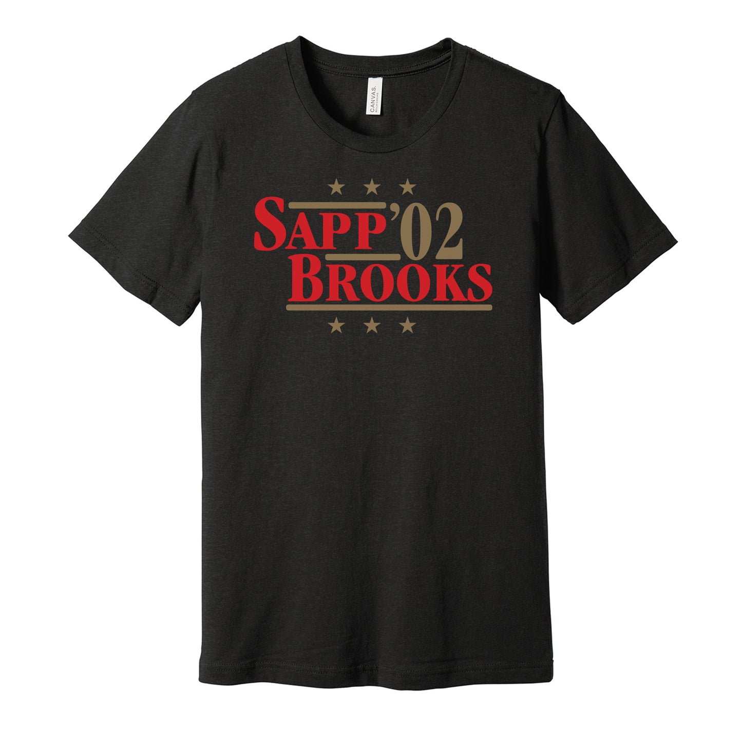 Tampa Bay Buccaneers retro political campaign parody black t-shirt featuring Warren Sapp and Derrick Brooks '02, designed in a vintage election style by Hyper Than Hype Shirts.