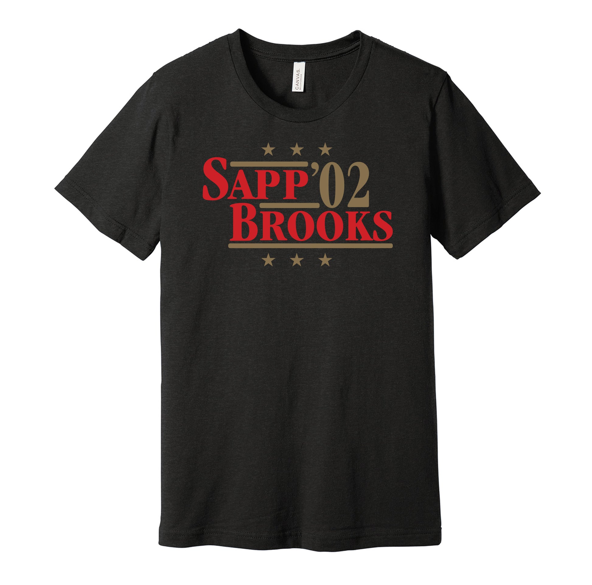 Tampa Bay Buccaneers retro political campaign parody black t-shirt featuring Warren Sapp and Derrick Brooks '02, designed in a vintage election style by Hyper Than Hype Shirts.