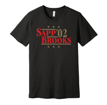 Tampa Bay Buccaneers retro political campaign parody black t-shirt featuring Warren Sapp and Derrick Brooks '02, designed in a vintage election style by Hyper Than Hype Shirts.