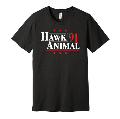 Professional wrestling retro political campaign parody black t-shirt featuring Hawk and Animal of the Legion of Doom '91, designed in a vintage election style by Hyper Than Hype Shirts.
