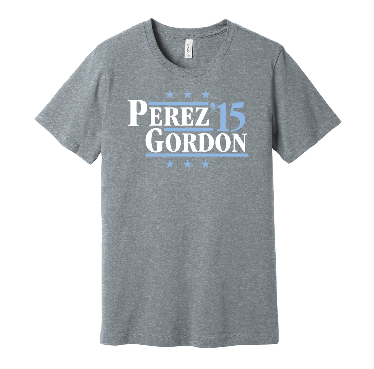 Kansas City Royals retro political campaign parody grey t-shirt featuring Salvador Perez and Alex Gordon '15, designed in a vintage election style by Hyper Than Hype Shirts.