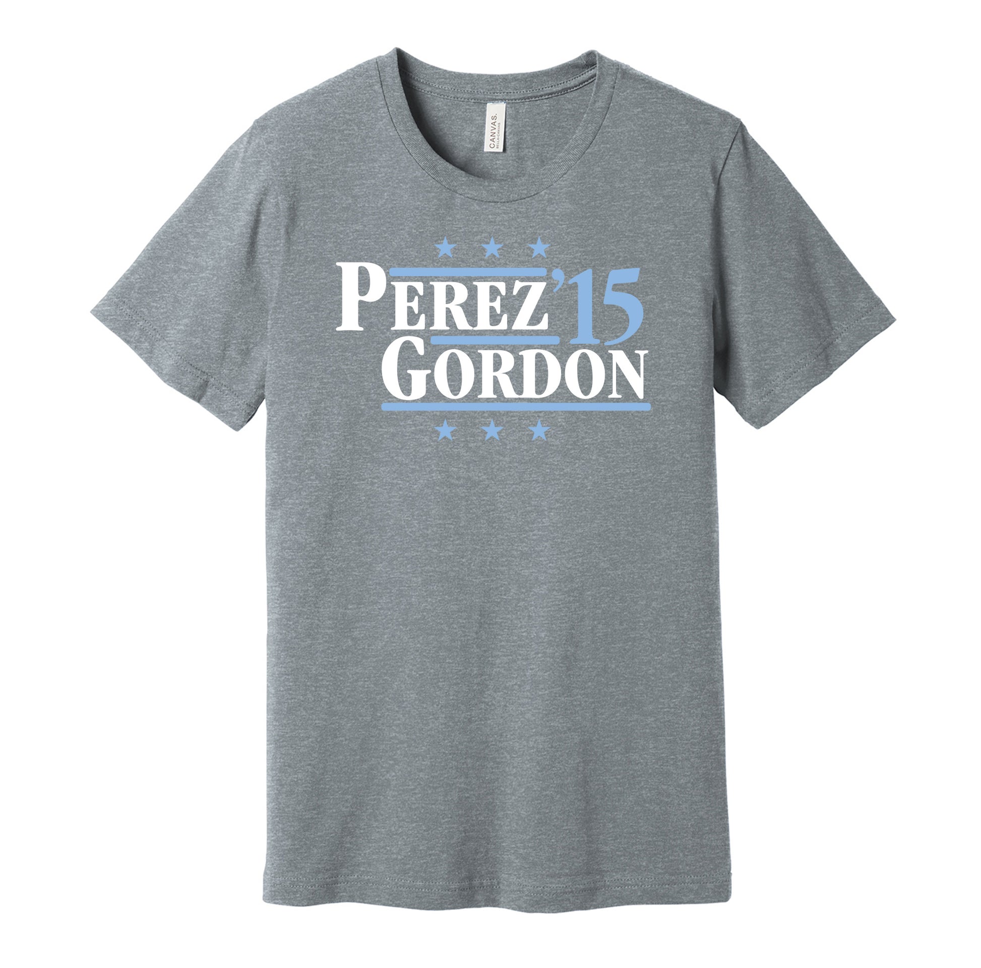 Kansas City Royals retro political campaign parody grey t-shirt featuring Salvador Perez and Alex Gordon '15, designed in a vintage election style by Hyper Than Hype Shirts.