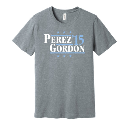 Kansas City Royals retro political campaign parody grey t-shirt featuring Salvador Perez and Alex Gordon '15, designed in a vintage election style by Hyper Than Hype Shirts.