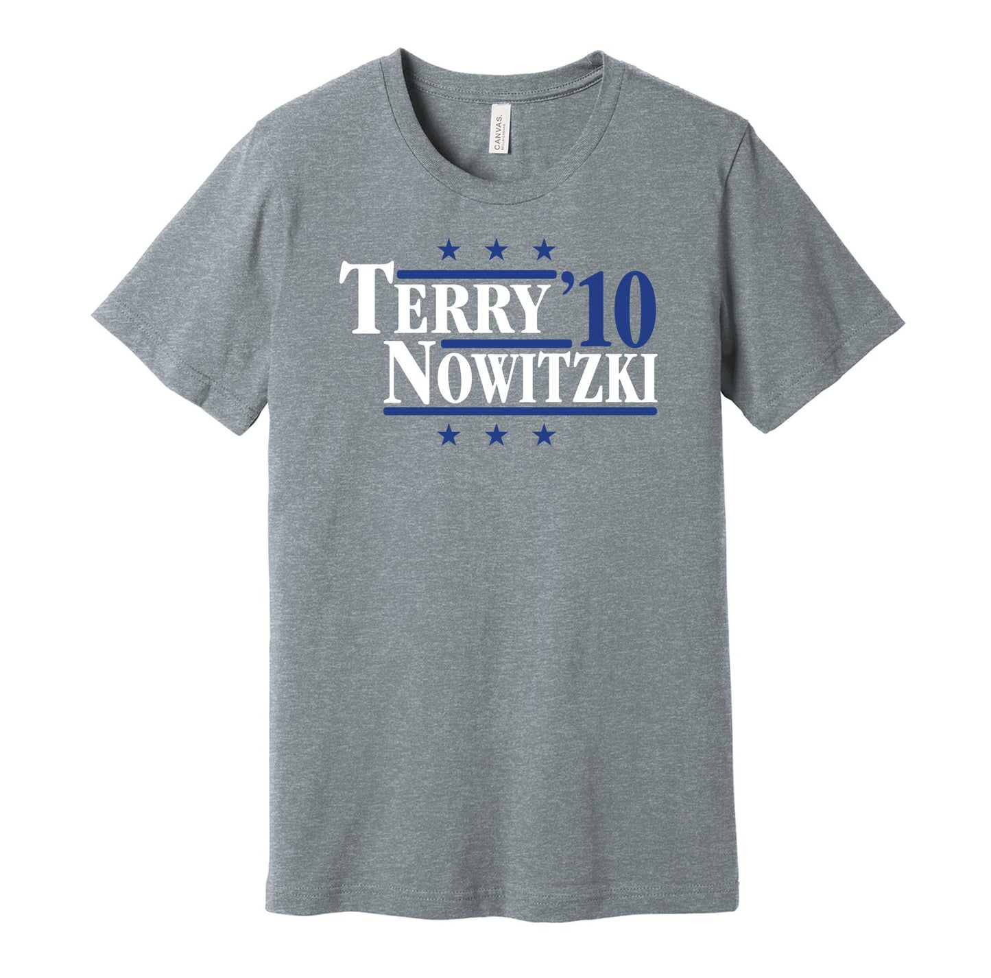 Dallas Mavericks retro political campaign grey t-shirt featuring Jason Terry and Dirk Nowitzki '10, designed in a vintage election style by Hyper Than Hype Shirts.