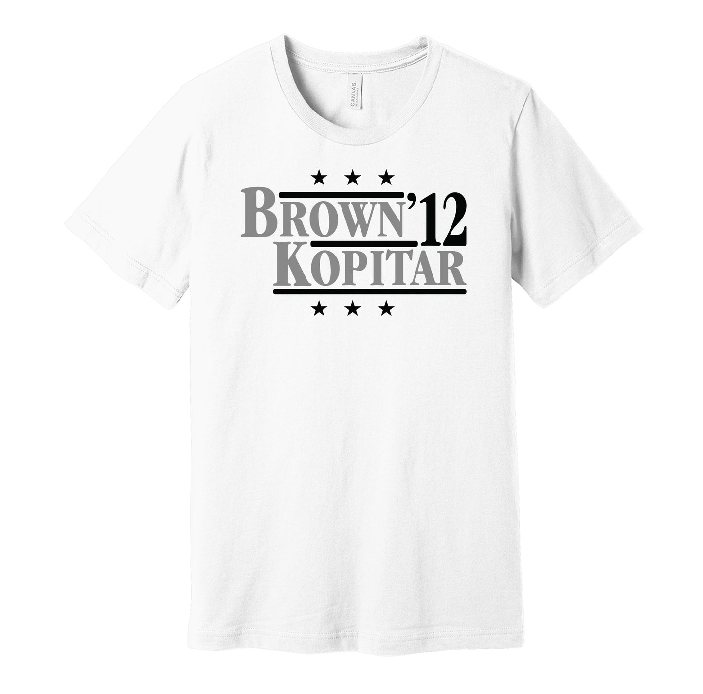 Los Angeles Kings retro political campaign parody white t-shirt featuring Dustin Brown and Anze Kopitar '12, designed in a vintage election style by Hyper Than Hype Shirts.