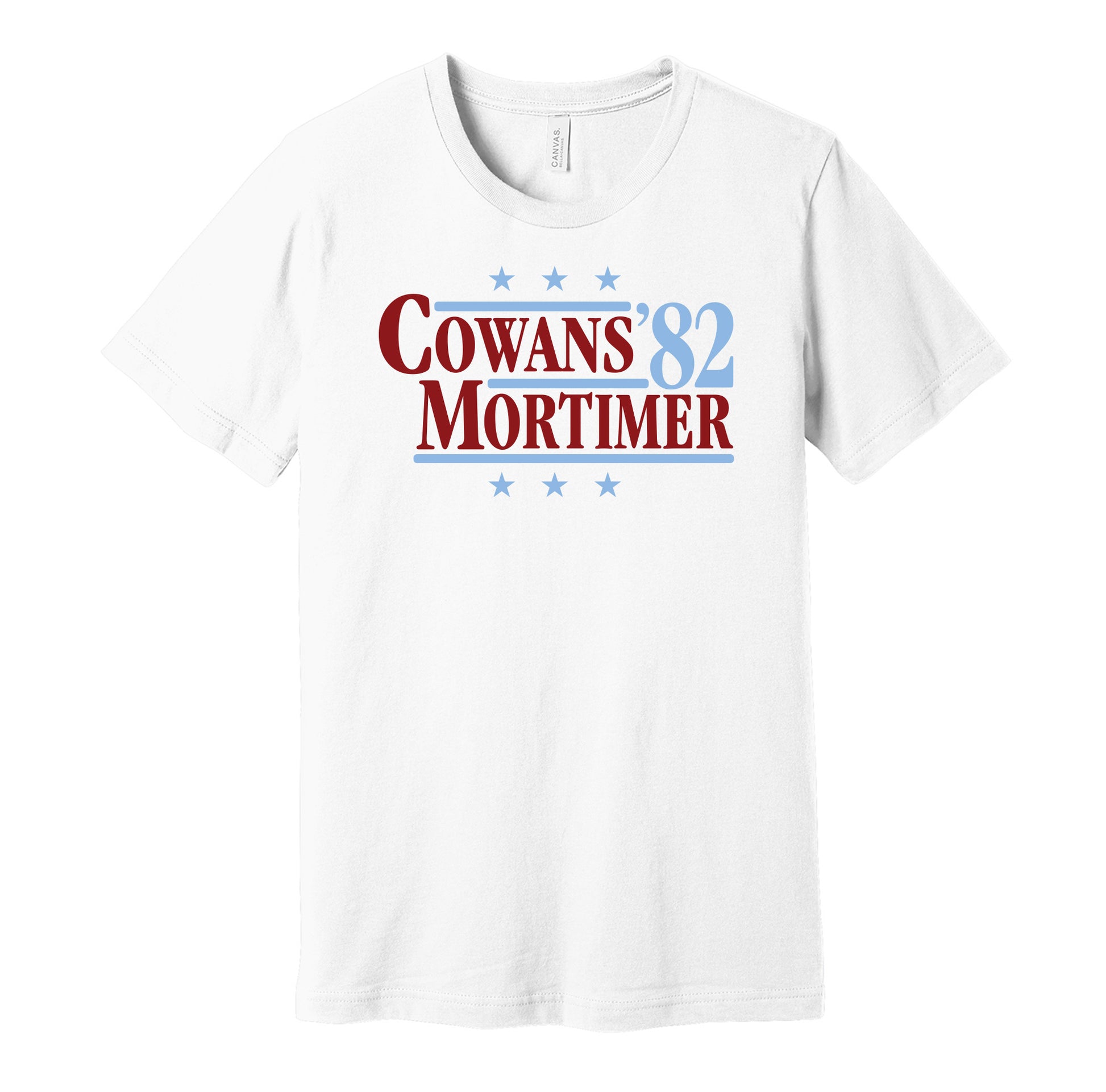 Aston Villa retro political campaign parody white t-shirt featuring Gordon Cowans and Dennis Mortimer '82, designed in a vintage election style by Hyper Than Hype Shirts.