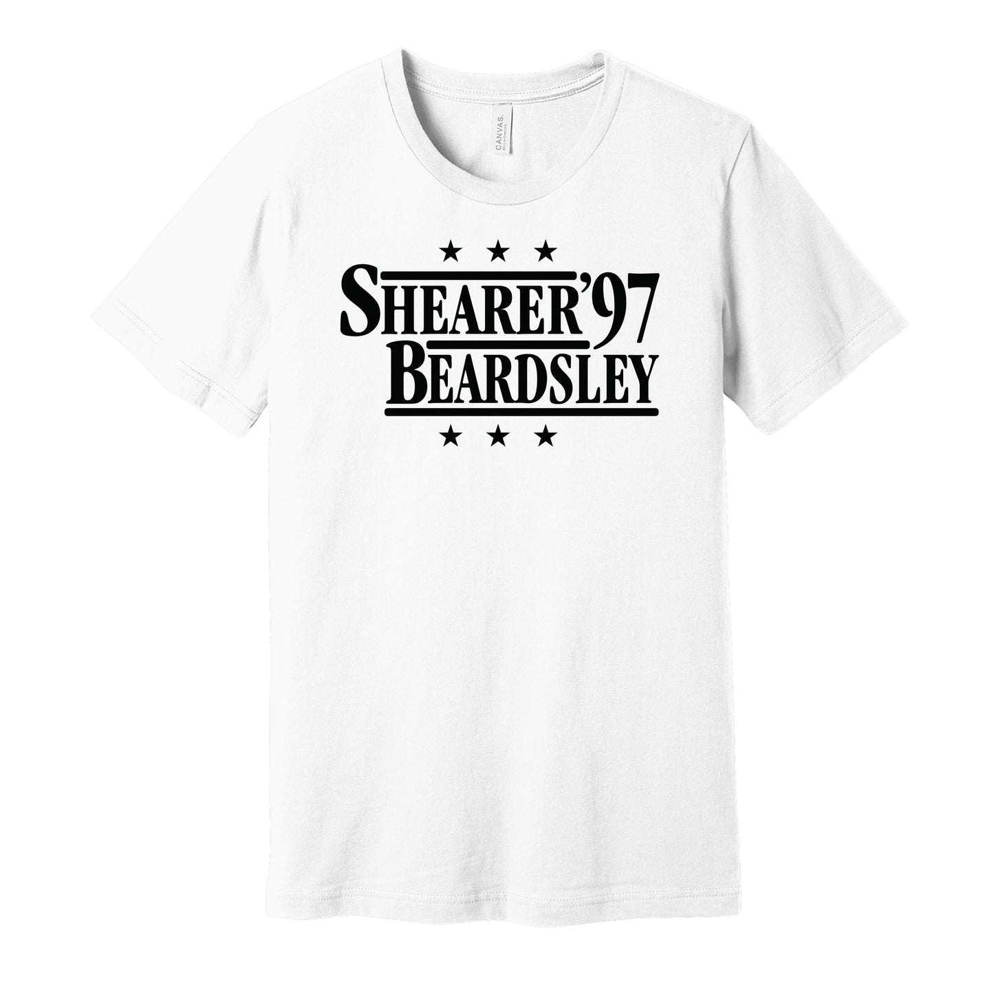 Newcastle United retro political campaign parody white t-shirt featuring Alan Shearer and Peter Beardsley '97, designed in a vintage election style by Hyper Than Hype Shirts.