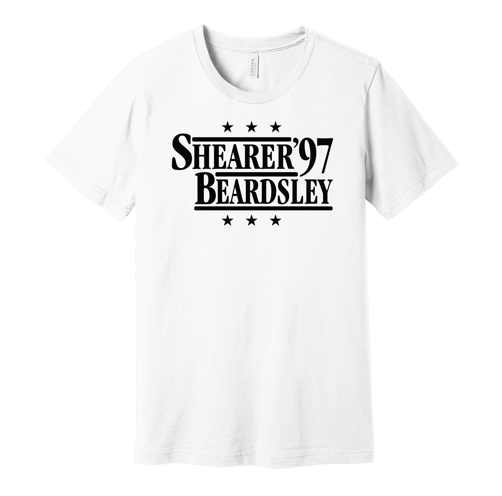 Newcastle United retro political campaign parody white t-shirt featuring Alan Shearer and Peter Beardsley '97, designed in a vintage election style by Hyper Than Hype Shirts.