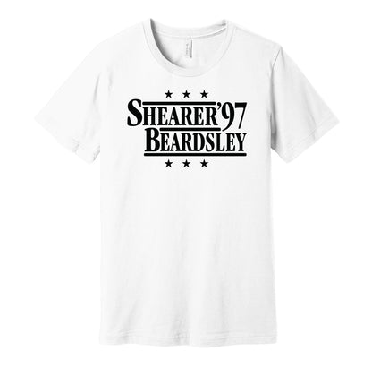 Newcastle United retro political campaign parody white t-shirt featuring Alan Shearer and Peter Beardsley '97, designed in a vintage election style by Hyper Than Hype Shirts.