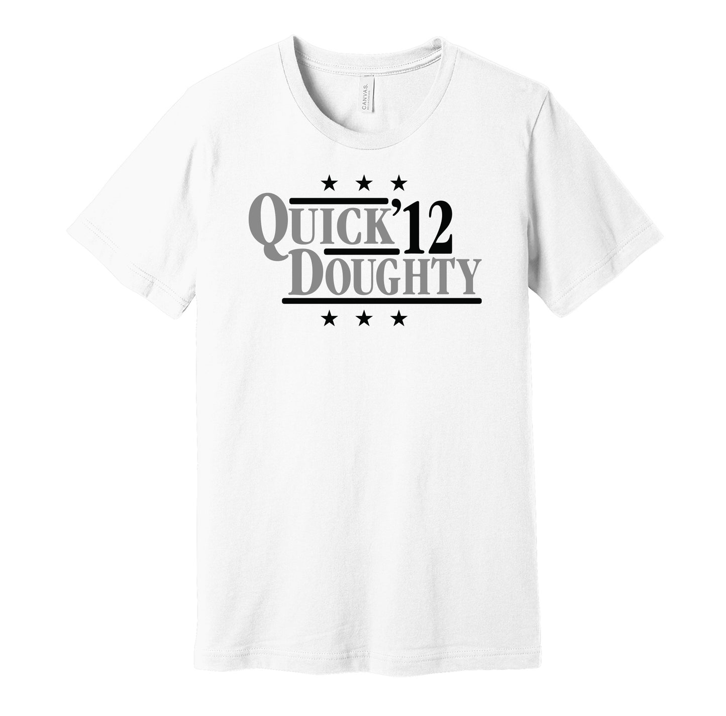 Los Angeles Kings retro political campaign parody white t-shirt featuring Jonathan Quick and Drew Doughty '12, designed in a vintage election style by Hyper Than Hype Shirts.