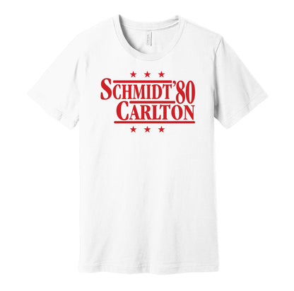 Philadelphia Phillies retro political campaign parody white t-shirt featuring Mike Schmidt and Steve Carlton '80, designed in a vintage election style by Hyper Than Hype Shirts.