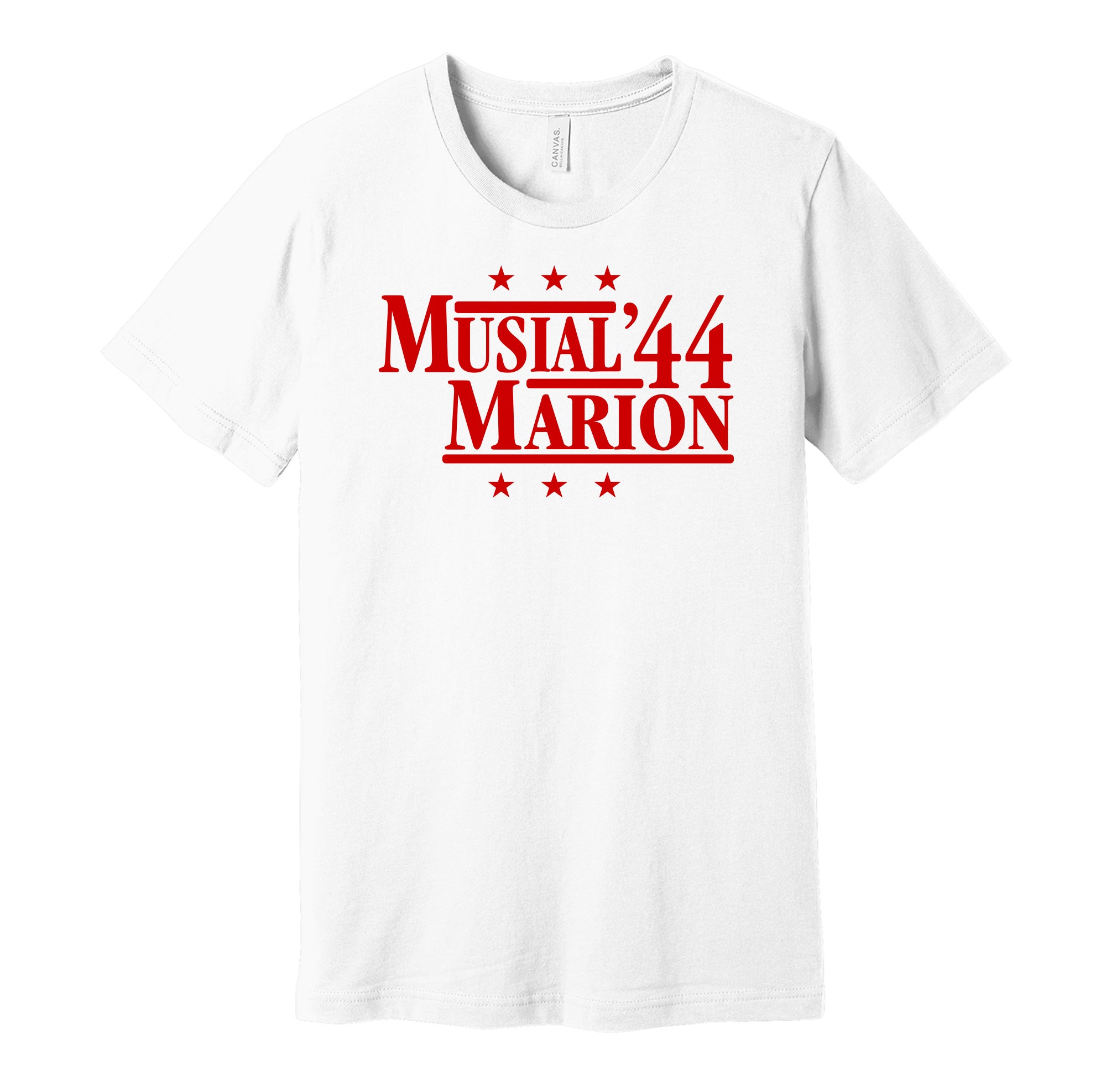 Musial & Marion '44 - St. Louis Baseball Legends Political Campaign Parody T-Shirt - Hyper Than Hype Shirts XS / White Shirt