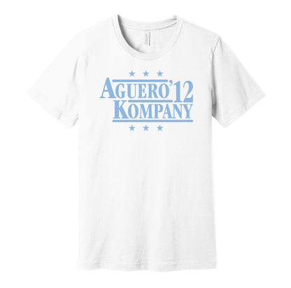 Manchester City retro political campaign parody white  t-shirt featuring Sergio Aguero and Vincent Kompany '12, designed in a vintage election style by Hyper Than Hype Shirts.