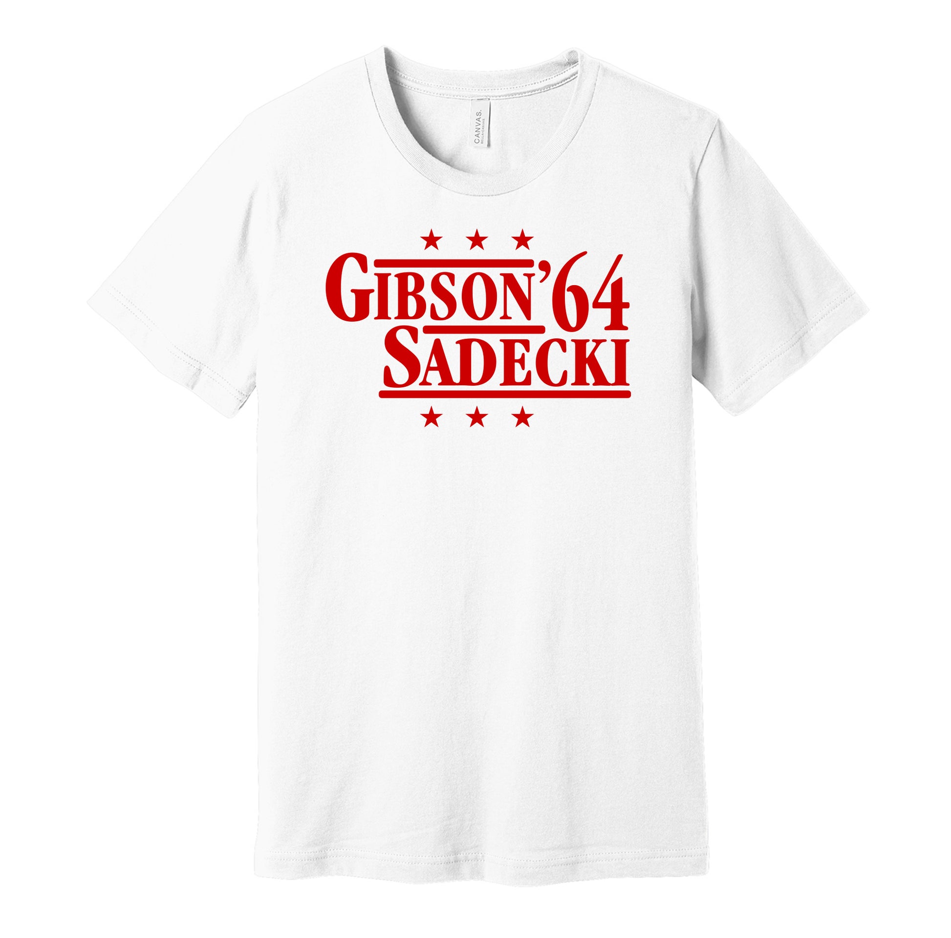 St. Louis Cardinals retro political campaign parody white t-shirt featuring Bob Gibson and Ray Sadecki '64, designed in a vintage election style by Hyper Than Hype Shirts.