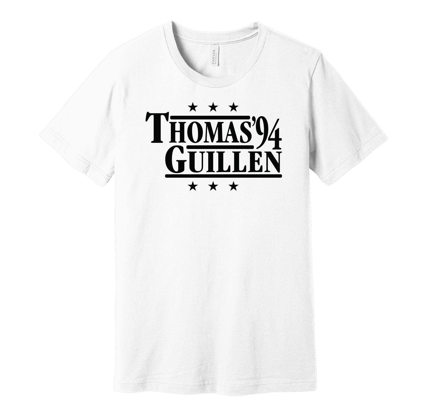 Chicago White Sox retro political campaign parody white t-shirt featuring Frank Thomas and Ozzie Guillen '94, designed in a vintage election style by Hyper Than Hype Shirts.