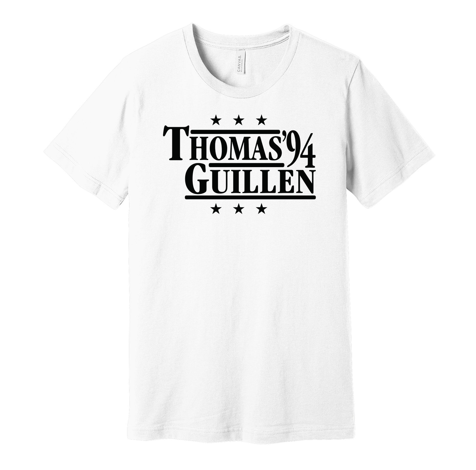 Chicago White Sox retro political campaign parody white t-shirt featuring Frank Thomas and Ozzie Guillen '94, designed in a vintage election style by Hyper Than Hype Shirts.