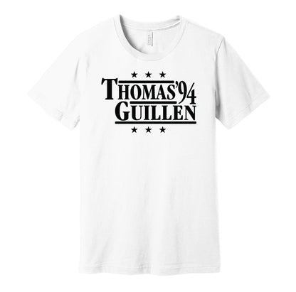 Chicago White Sox retro political campaign parody white t-shirt featuring Frank Thomas and Ozzie Guillen '94, designed in a vintage election style by Hyper Than Hype Shirts.