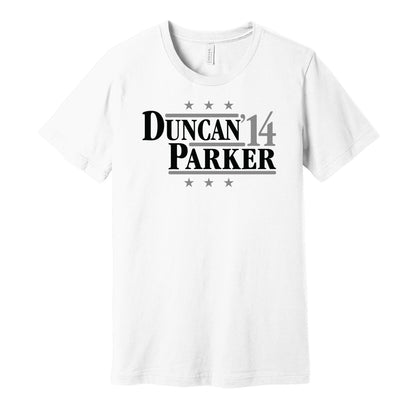 San Antonio Spurs retro political campaign parody white t-shirt featuring Tim Duncan and Tony Parker '14, designed in a vintage election style by Hyper Than Hype Shirts.